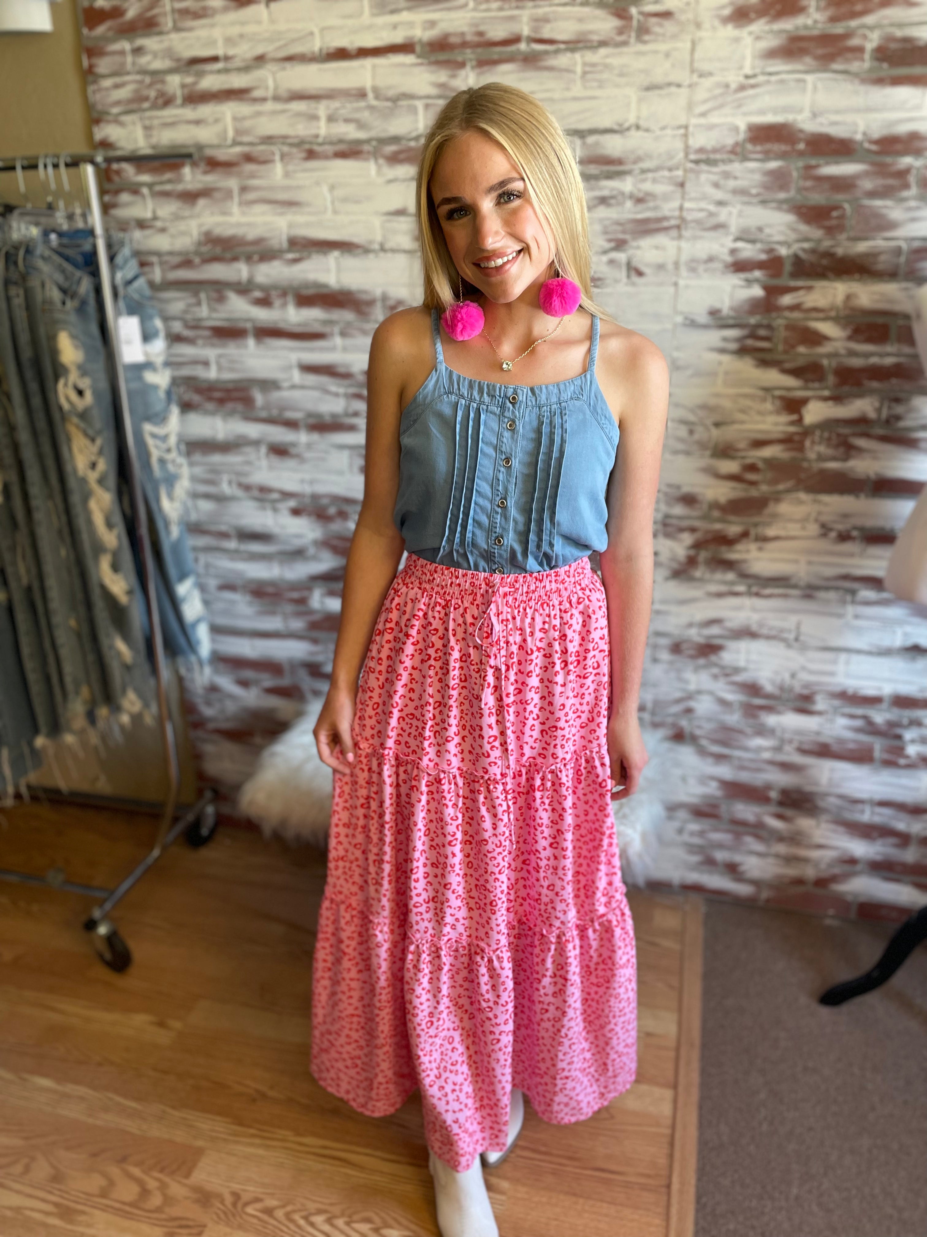 Pink Leopard Print Maxi Skirt