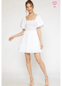 White Puff Sleeve Tiered Dress