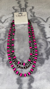 Triple Layered Bright Pink and Silver Necklace