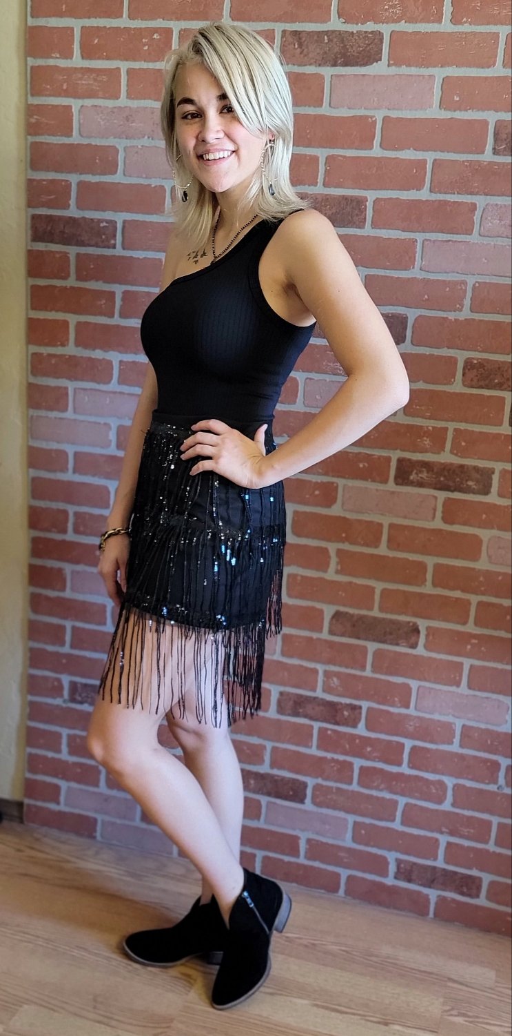 Black Sequin Fringe Skirt