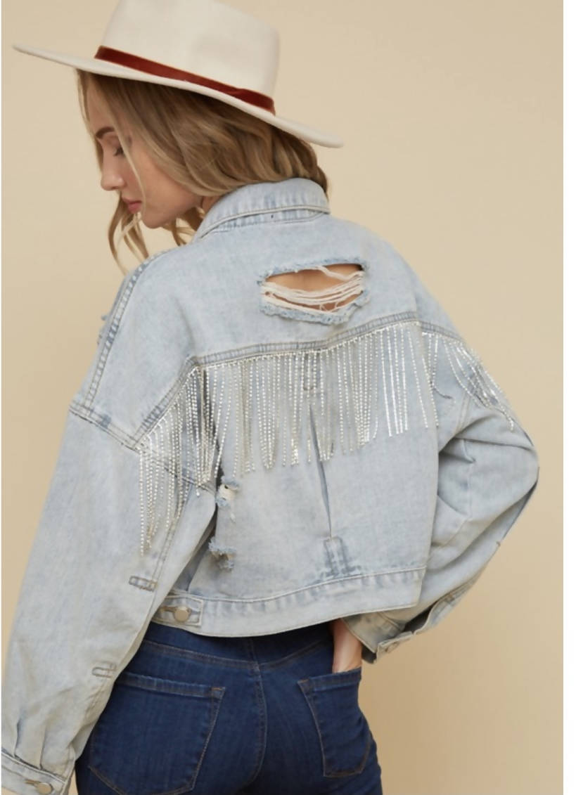 Crop Denim Rhinestone Fringe Jacket