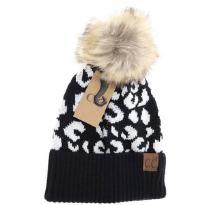 Leopard fur pom beanie