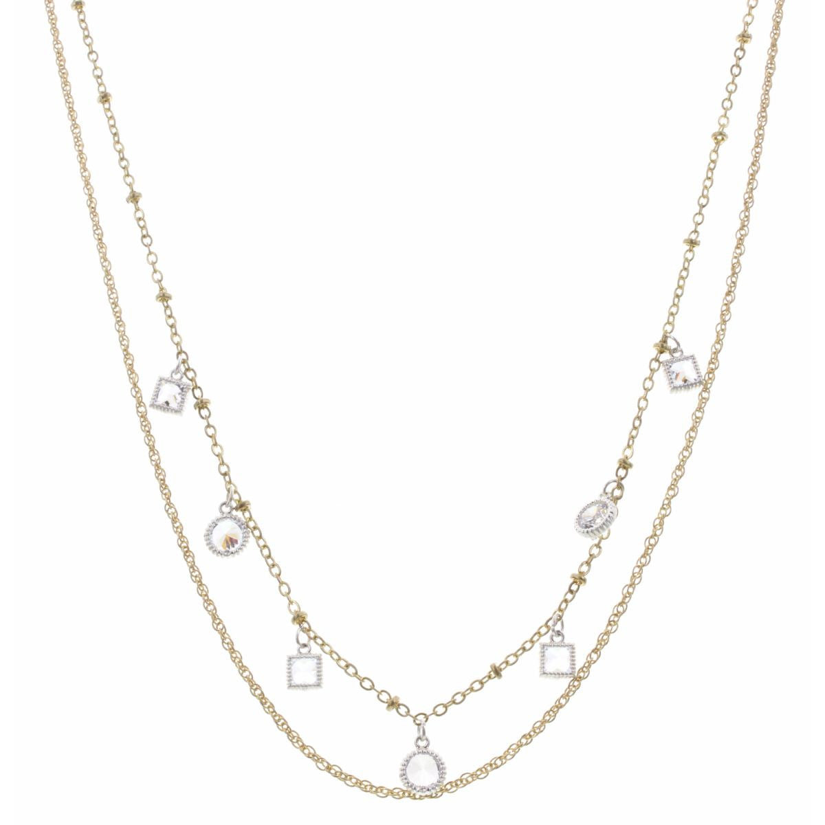 16" Double Layer Silver Square and Circle Rhinestone Necklace, 3" Ext