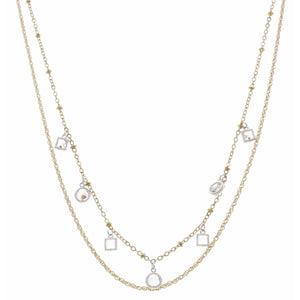 16" Double Layer Silver Square and Circle Rhinestone Necklace, 3" Ext