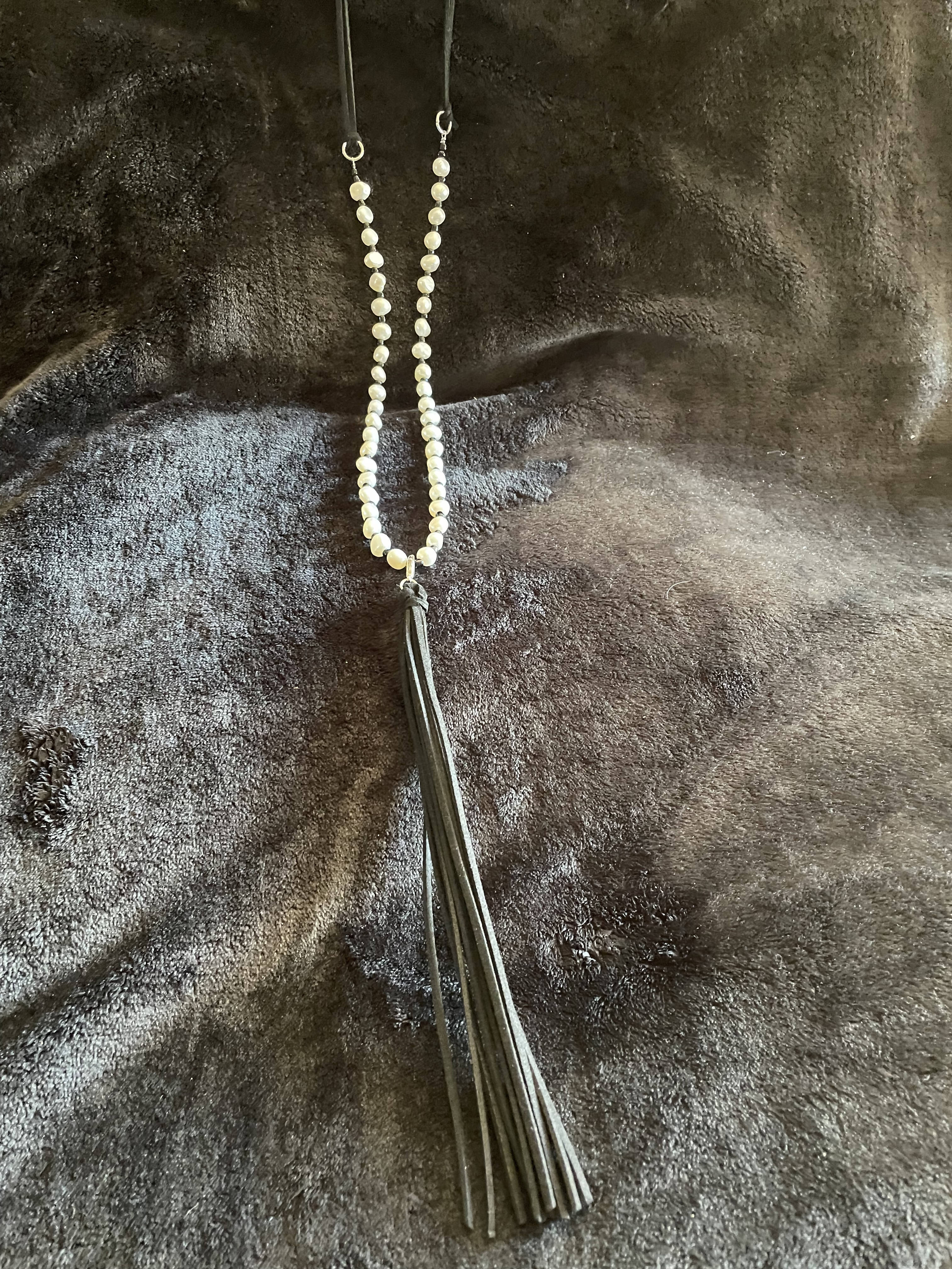 pearl with black tassel necklace