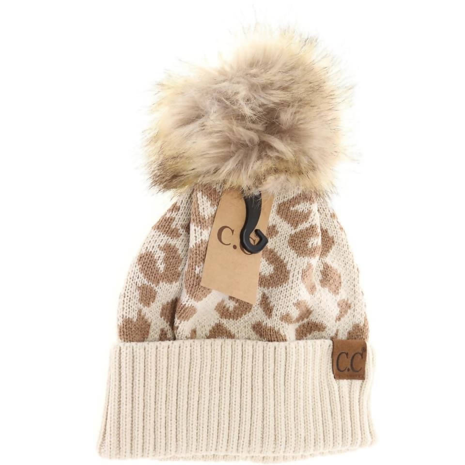 Leopard fur pom beanie