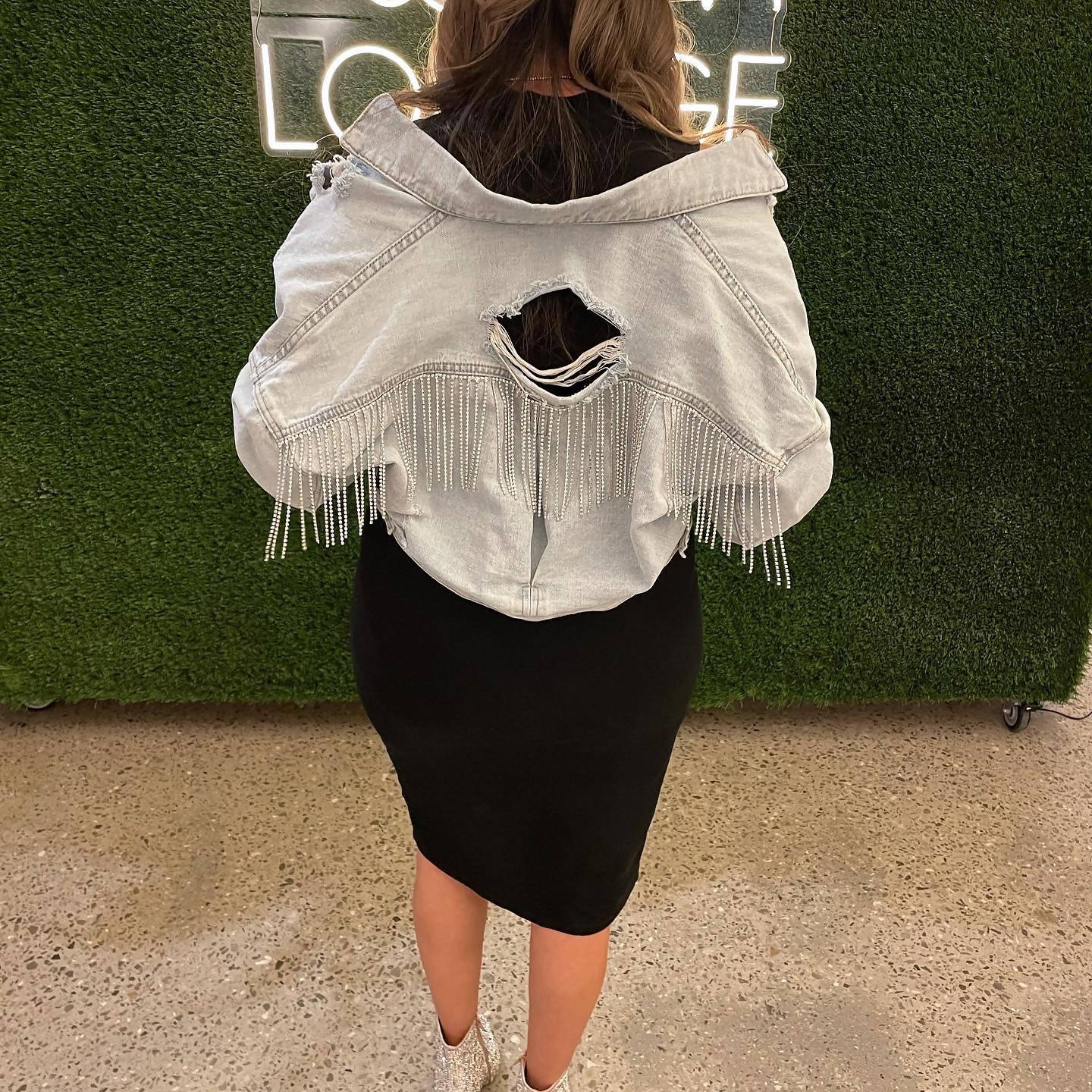 Crop Denim Rhinestone Fringe Jacket