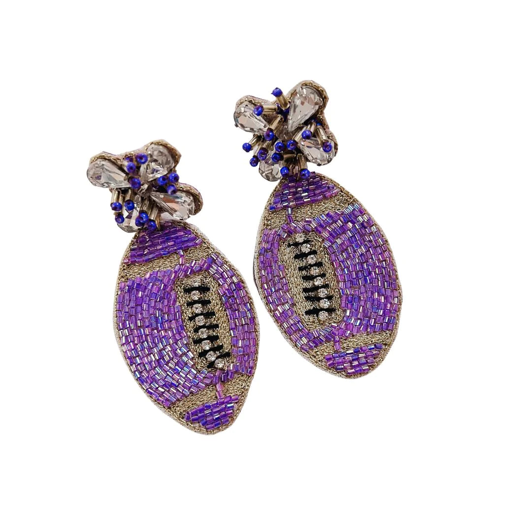 Purple & Gold Beaded Football Earrings