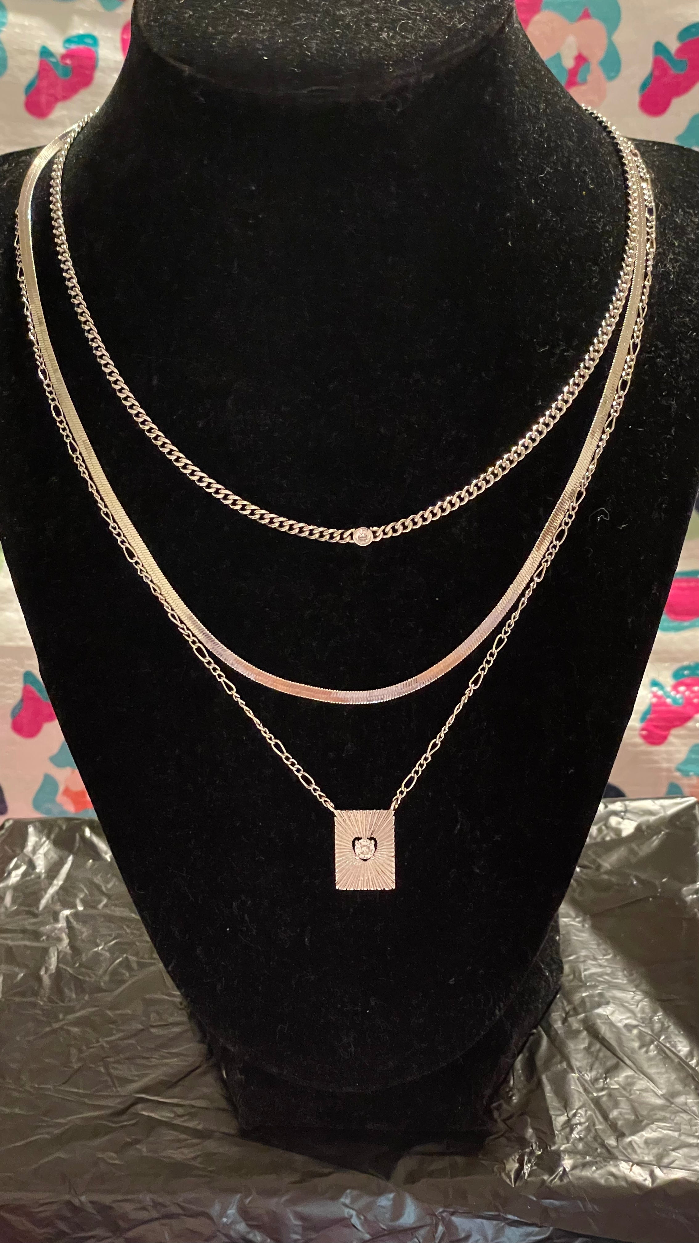 Triple Chain Silver Necklace with Pendant