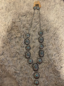 806 Turquoise and silver cinchona necklace with earrings set