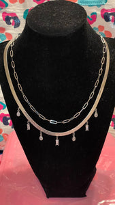 Silver Two Chain Necklace with Clear Rhinestone Charms