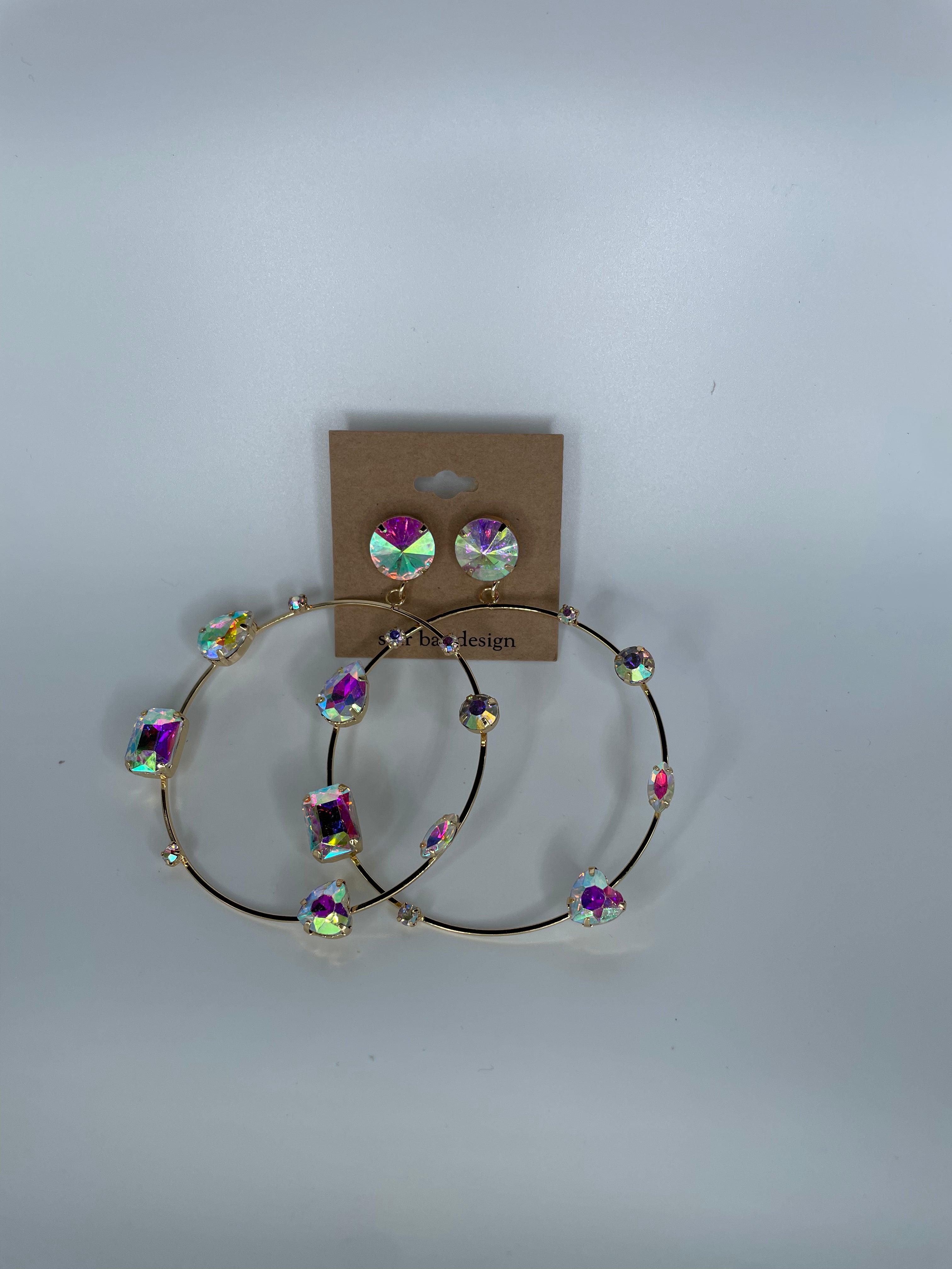 Star Bar Gold Hoops w/AB Gems