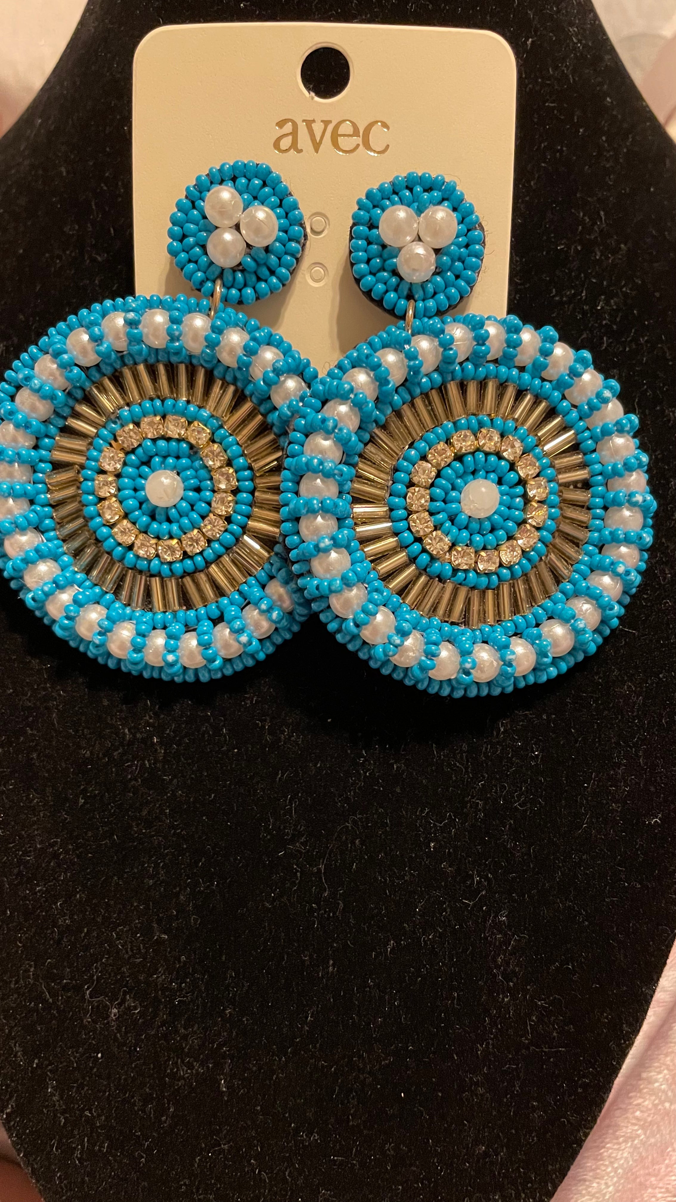 Aqua Beaded Earrings with Pearls & Rhinestones