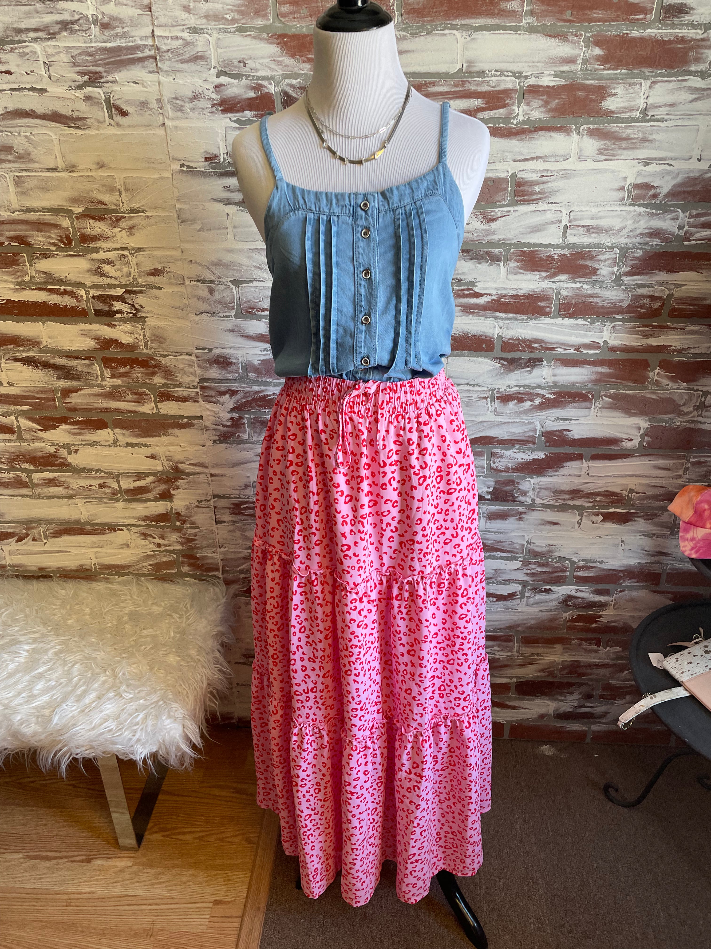 Pink Leopard Print Maxi Skirt