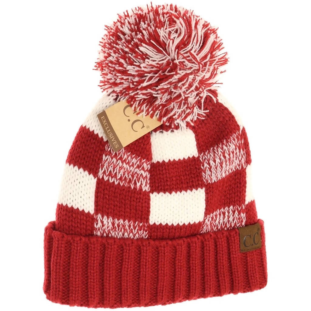 Buffalo check print red/white beanie