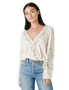 Lucky Brand Long Sleeve Embroidered  Wrap Top