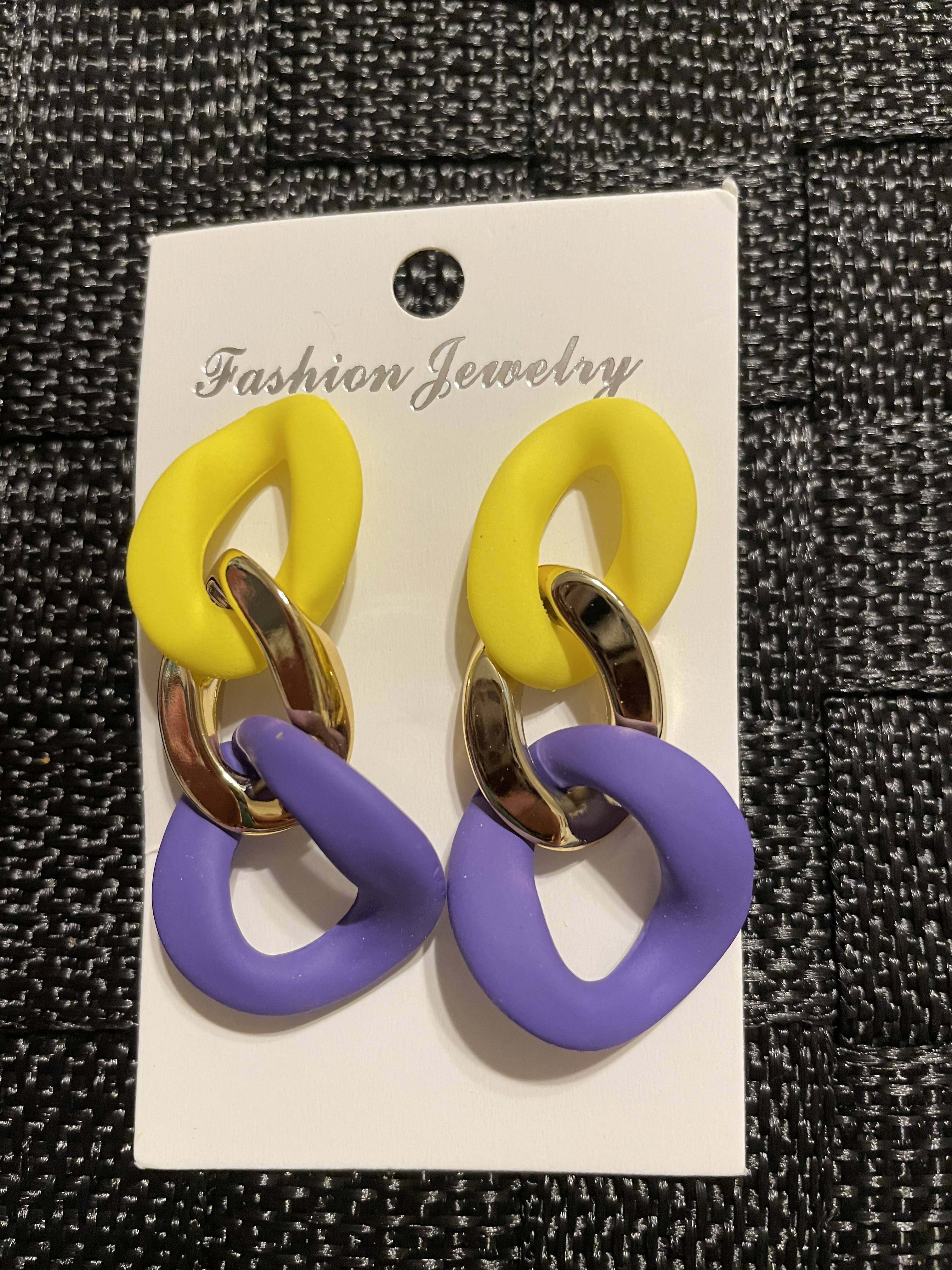 purple yellow & gold earrings